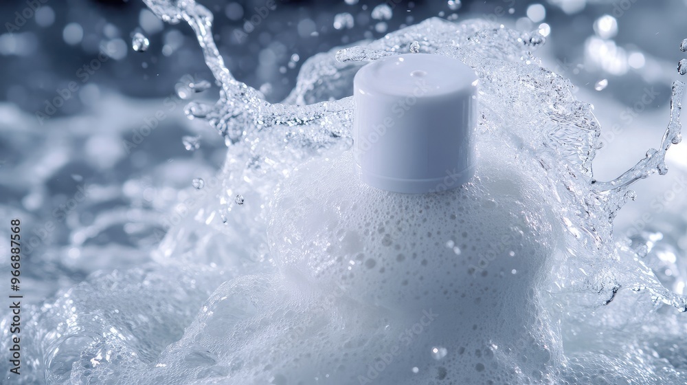 Close-up of a foam cleanser bottle with splashing water, creating a refreshing ambiance, no logo, focal point on the bottle, no people. Close-up of a foam cleanser bottle with splashing water, creating a refreshing ambiance, no logo, focal point on the bottle, no people.