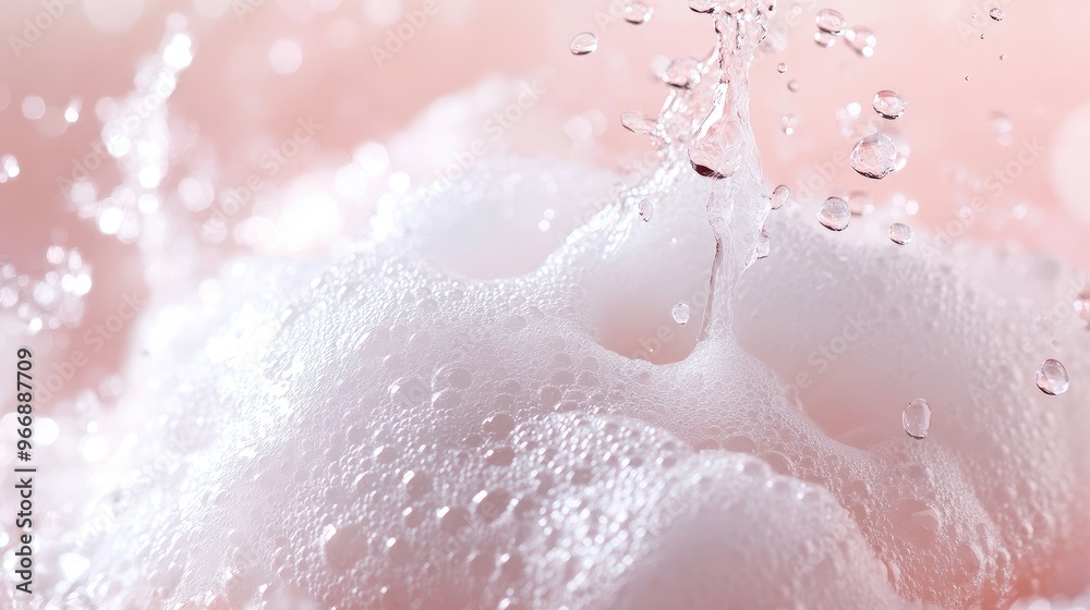 Fototapeta premium Close-up of a foam cleanser with water droplets splashing, creating a refreshing and lively feel, no branding visible, focus on the product, no people.