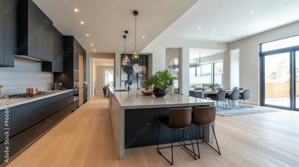 Fototapeta premium A beautifully designed modern kitchen features a spacious island and an elegant dining area, all illuminated by natural light streaming through large windows