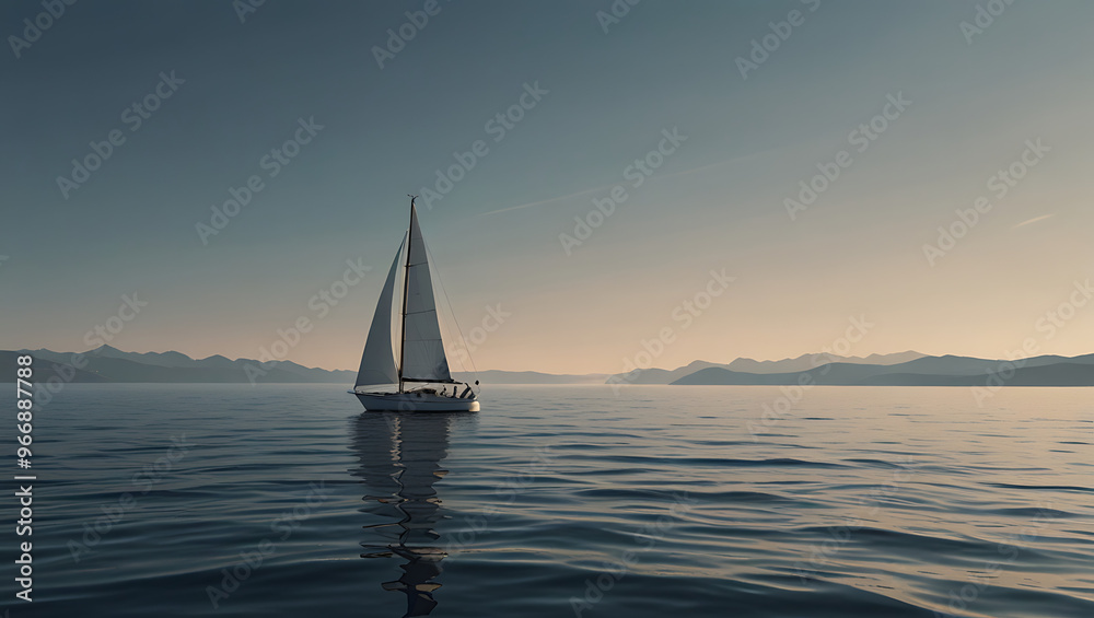 Fototapeta premium A minimal illustration of a simple sailboat on a calm sea, with a few waves and a clear sky. The sailboat is depicted with basic lines, emphasizing tranquility and simplicity