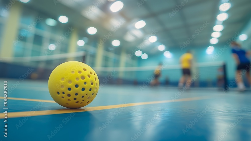 A bright yellow pickleball is in focus, resting on the court surface while players compete in the background, showcasing dynamic movement and skill A bright yellow pickleball is in focus, resting on the court surface while players compete in the background, showcasing dynamic movement and skill