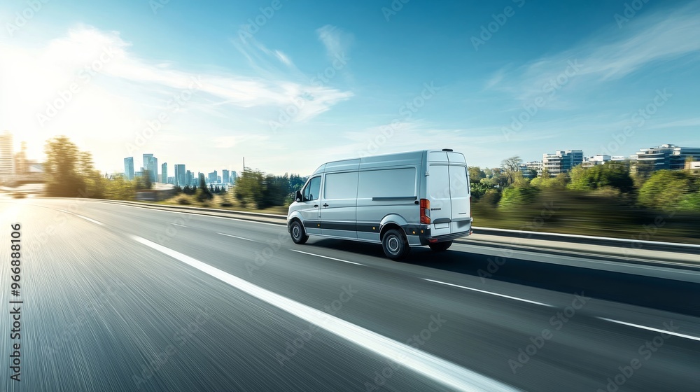 A sleek white delivery van races along a sunlit highway, showcasing motion and purpose with a vibrant city skyline visible under a clear blue sky A sleek white delivery van races along a sunlit highway, showcasing motion and purpose with a vibrant city skyline visible under a clear blue sky