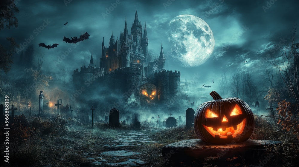 On a haunting Halloween night, a dark castle looms in the moonlight, while a carved pumpkin grins amidst gravestones, creating an unnerving atmosphere On a haunting Halloween night, a dark castle looms in the moonlight, while a carved pumpkin grins amidst gravestones, creating an unnerving atmosphere