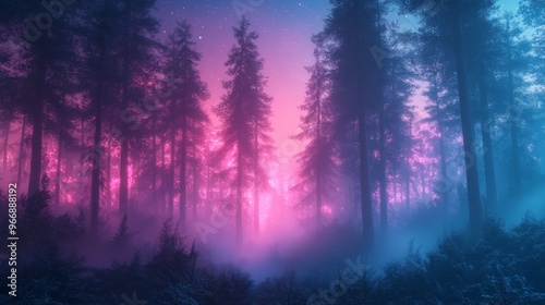 Ethereal Forest at Night with Pink and Blue Hues