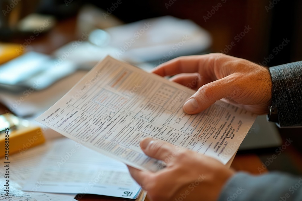 Naklejka premium Hands flipping through printed cash flow projections during a business meeting, Financial Planning, Advising client on cash flow management