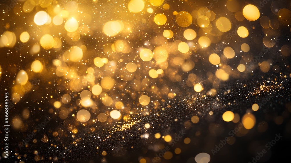 Golden lights and shimmering bokeh particles cascade elegantly across a dark backdrop, creating a dreamy and luxurious ambiance perfect for celebrations and events Golden lights and shimmering bokeh particles cascade elegantly across a dark backdrop, creating a dreamy and luxurious ambiance perfect for celebrations and events