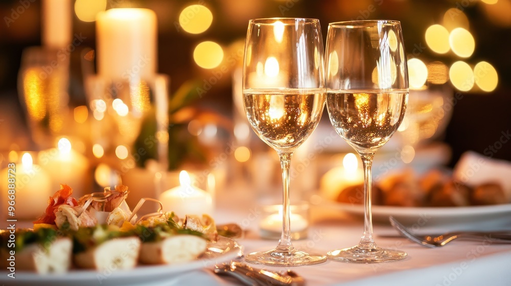 An elegantly decorated wedding reception table showcases wine glasses, glowing candles, and creatively arranged appetizers, creating a warm and inviting atmosphere An elegantly decorated wedding reception table showcases wine glasses, glowing candles, and creatively arranged appetizers, creating a warm and inviting atmosphere