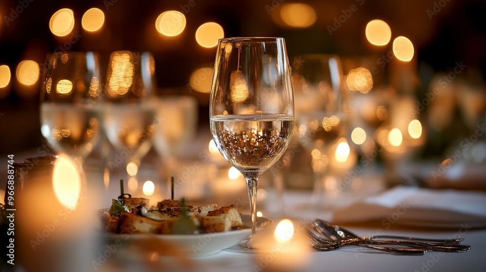 An elegantly decorated wedding reception table showcases beautifully arranged appetizers accompanied by sparkling wine glasses and soft candlelight, creating a romantic atmosphere An elegantly decorated wedding reception table showcases beautifully arranged appetizers accompanied by sparkling wine glasses and soft candlelight, creating a romantic atmosphere