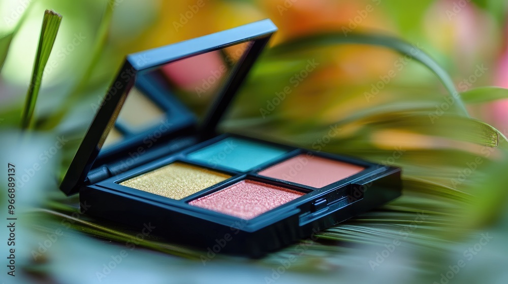 Close-up of a slim eyeshadow compact with vibrant shades, no logo, focus on the design, no people, blurred background. Close-up of a slim eyeshadow compact with vibrant shades, no logo, focus on the design, no people, blurred background.