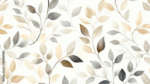 Watercolor Seamless Pattern with Beige and Grey Leaves on White Background