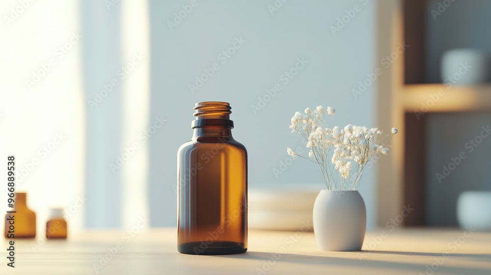 Close-up of an essential oil bottle, showcasing the simple, elegant design, no branding, focal point on the bottle, no people. Close-up of an essential oil bottle, showcasing the simple, elegant design, no branding, focal point on the bottle, no people.