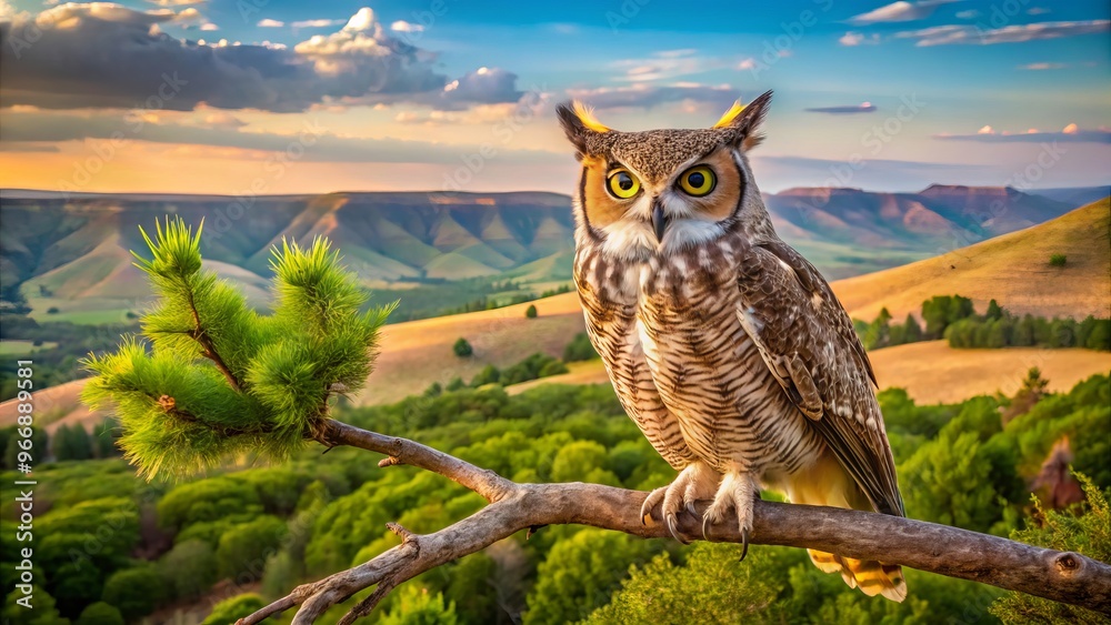Obraz premium A regal great horned owl holds court on a creaky branch, Oklahoma's undulating hills stretching out behind like