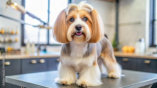 A regal pooch parades its punk-rock-inspired pompadour at a posh grooming salon, garnering envious glances from fellow photo