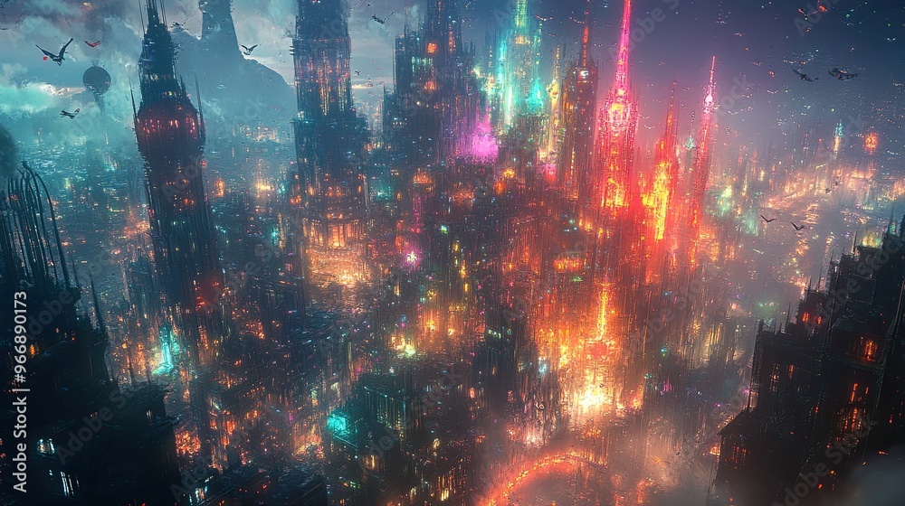 Fototapeta premium 14. A fantasy cityscape with glowing towers and flying creatures zooming between colorful buildings, creating a vibrant, futuristic world filled with life and movement