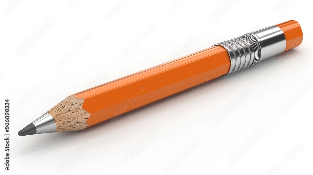 Fototapeta premium A single orange pencil with a sharpened tip and an eraser on a white background.