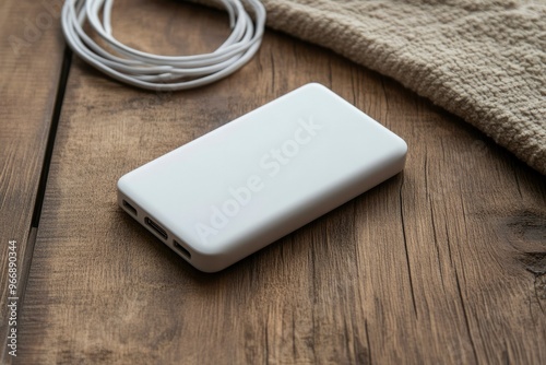 White Power Bank on Wooden Surface with Cable and Cloth photo