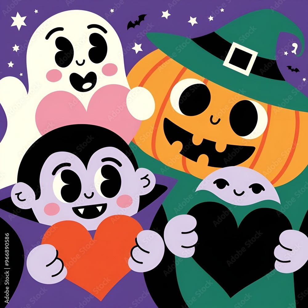 Fototapeta premium Festive Halloween Gathering of Iconic Characters: Ghost, Pumpkin, Vampire, and Witch