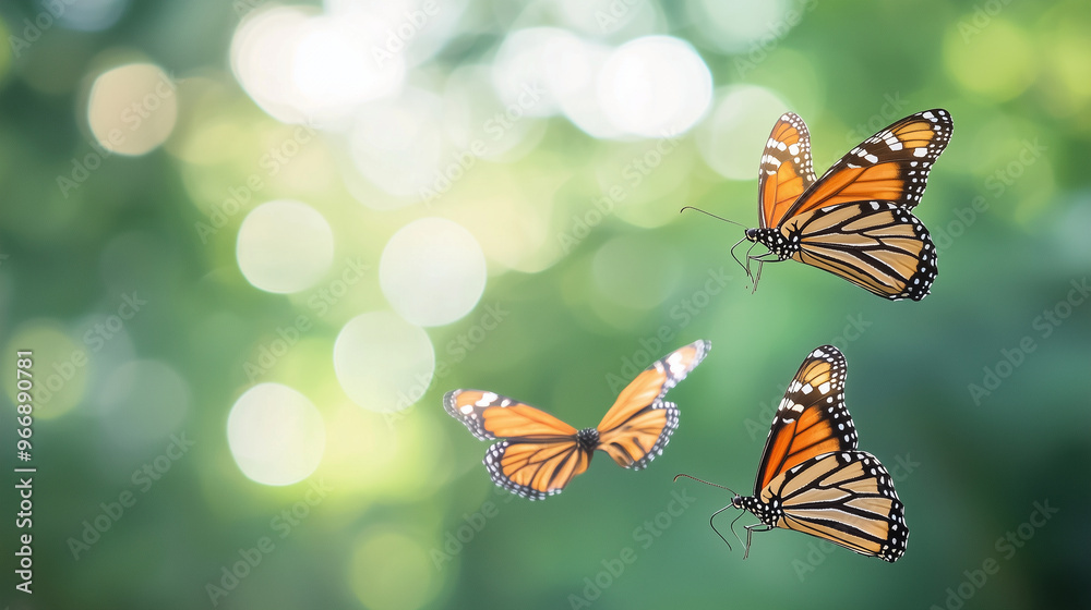 A group of flying plain tiger butterflies fluttering gracefully in a natural setting, with bright wings contrasting against a green, blurred background. photo A group of flying plain tiger butterflies fluttering gracefully in a natural setting, with bright wings contrasting against a green, blurred background. photo
