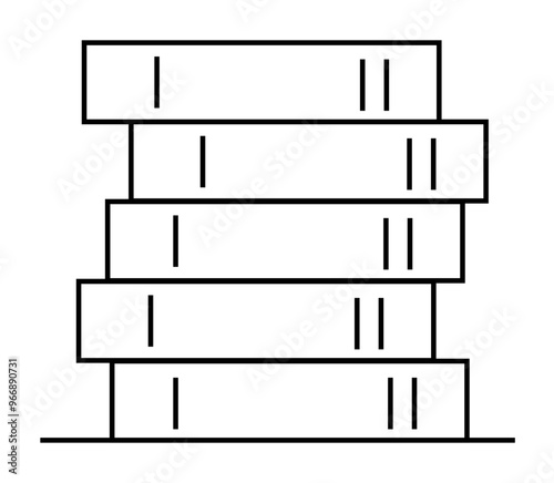 Black outline drawing of five stacked books on a white background. Ideal for education, learning, library icons, school designs, study materials, and reading enthusiasts. Simple, minimalist design sui