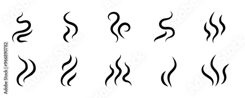Smoke steam icon vector logo set. Smoke smell, steam aroma heat icon illustration. Hot vapor fire doodle line logo. Hit stink, coffee, fragrance flame elements. Vector illustration.