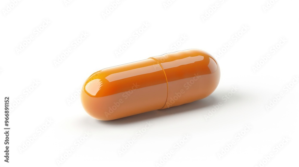 A single orange capsule pill isolated on a white background. A single orange capsule pill isolated on a white background.