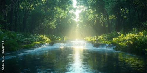 Sunbeams Illuminating a Stream Through a Lush Forest