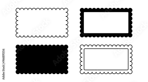 Border frame scallop edge rectangle vector shape. Wave scallop squiggle cute simple rectangle border set. Simple wavy squiggly line retro photo picture frame. Vector illustration