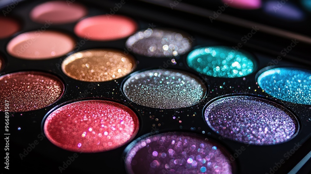 Detailed image of a glitter eyeshadow palette, no branding, focal point on the sparkly colors, no people, soft background. Detailed image of a glitter eyeshadow palette, no branding, focal point on the sparkly colors, no people, soft background.