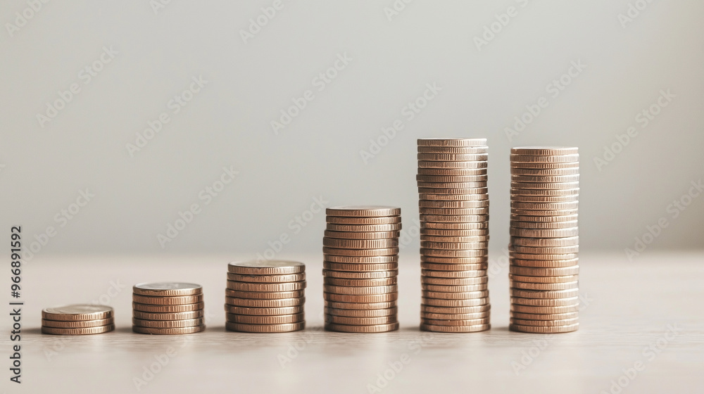 Stacks of coins gradually increasing in height, arranged neatly from smallest to largest, on a clean, neutral background. photo Stacks of coins gradually increasing in height, arranged neatly from smallest to largest, on a clean, neutral background. photo