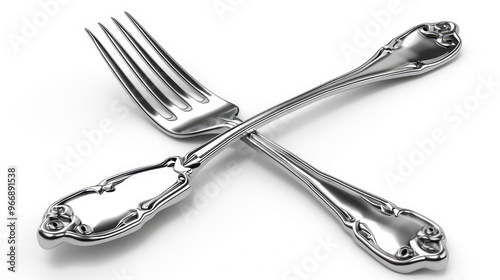 Two silver forks crossed over each other, isolated on a white background. photo