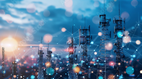 Communication Tower with Digital Overlay and Blue Bokeh