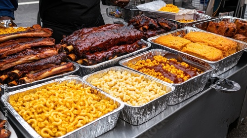 Barbecue Ribs  Macaroni and Cheese  Corn on the Cob Food Catering Buffet Table photo