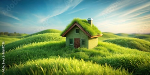 Small house with green roof in grass