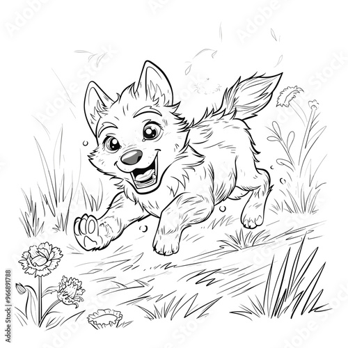 A young wolf pup frolicking in a meadow, coloring page for kids, simple, black & white line art, Sweet little puppy coloring book pages. A drawing of a cute wolf with a collar.