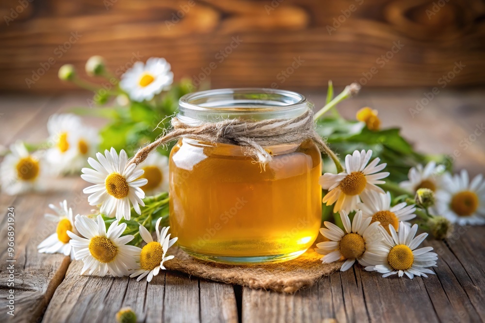 Small jar of honey garnished with chamomile flowers