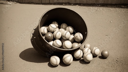 Generative AI, A bucket full of worn baseballs spilling onto the ground, evoking nostalgia and memories of past games in sepia tones photo