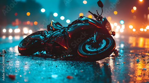 A crashed motorcycle on a w...