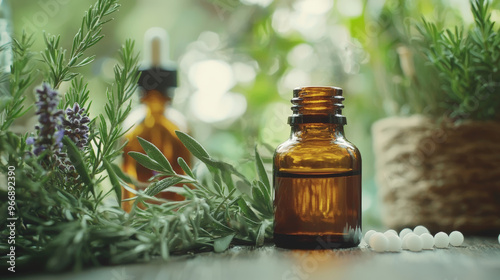 Homeopathic remedy in small amber bottle surrounded by fresh herbs and plants, symbolizing natural healing and wellness. serene setting evokes sense of tranquility and health