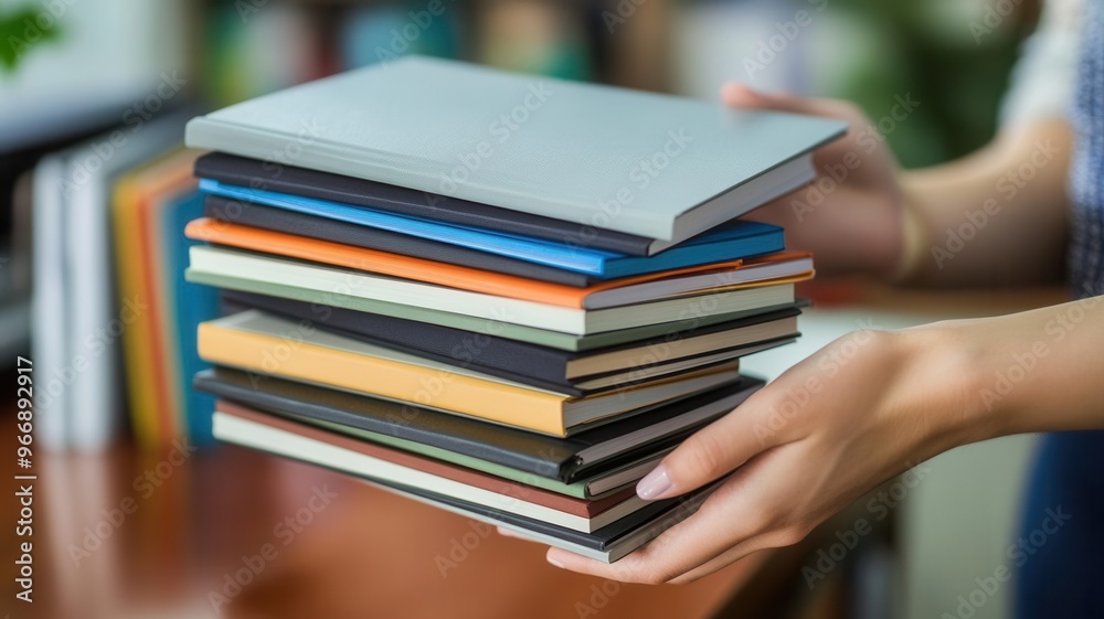 Hands holding branded notebooks stacked on a desk, Office Supplies, Distributing branded materials to the office team Hands holding branded notebooks stacked on a desk, Office Supplies, Distributing branded materials to the office team