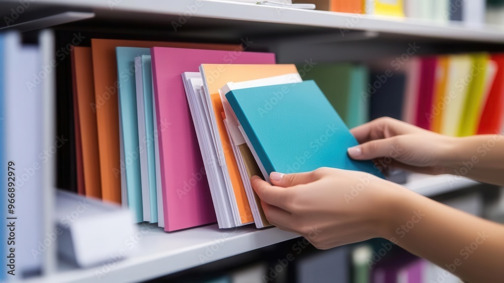 Hands organizing branded notepads on a shelf in an office, Office Supplies, Preparing branded materials for team use Hands organizing branded notepads on a shelf in an office, Office Supplies, Preparing branded materials for team use