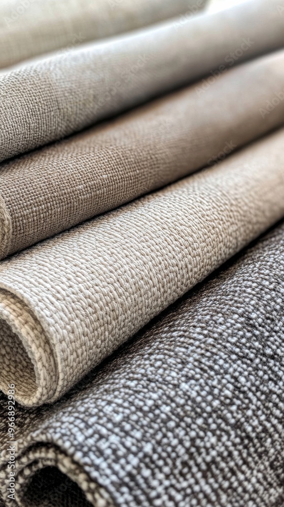 Rolled textured fabric in neutral tones, close-up view. Interior design and textile concept Rolled textured fabric in neutral tones, close-up view. Interior design and textile concept