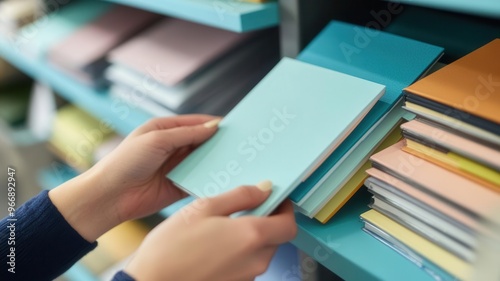 Hands organizing branded notepads on a shelf in an office, Office Supplies, Preparing branded materials for team use