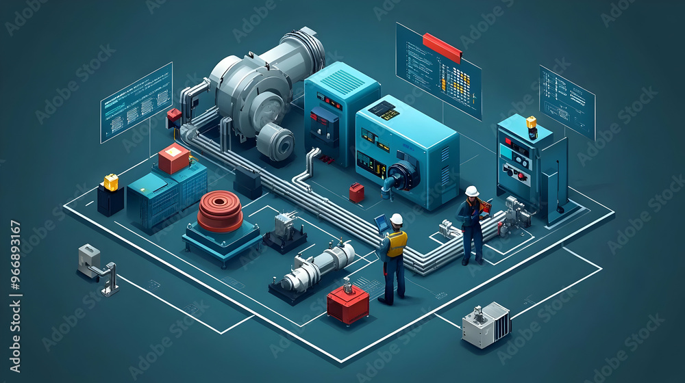 A detailed industrial setup featuring machinery and workers in a technical environment. A detailed industrial setup featuring machinery and workers in a technical environment.
