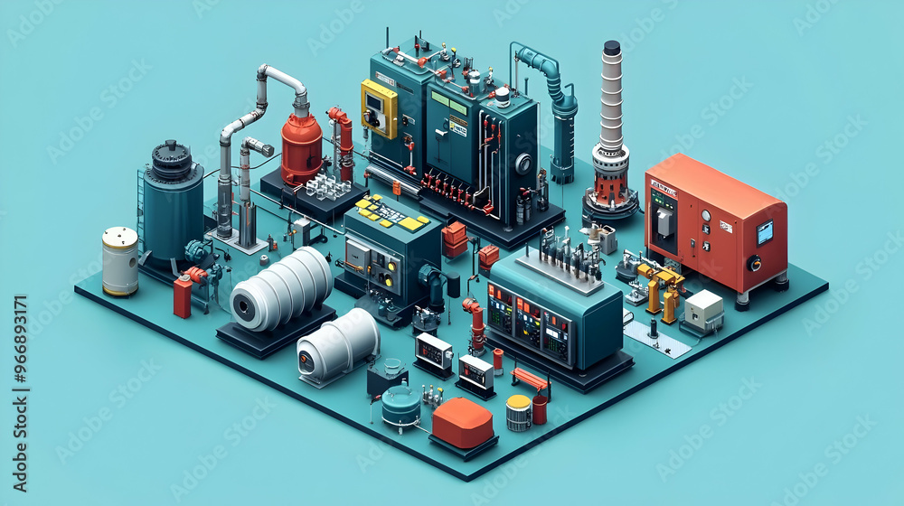 A detailed isometric illustration of industrial machinery and equipment. A detailed isometric illustration of industrial machinery and equipment.