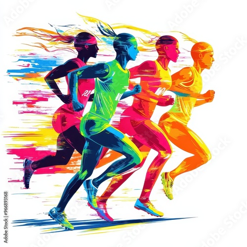 Dynamic runners in bright colors showcase speed and energy in a vibrant art style for fitness and athletic themes. photo