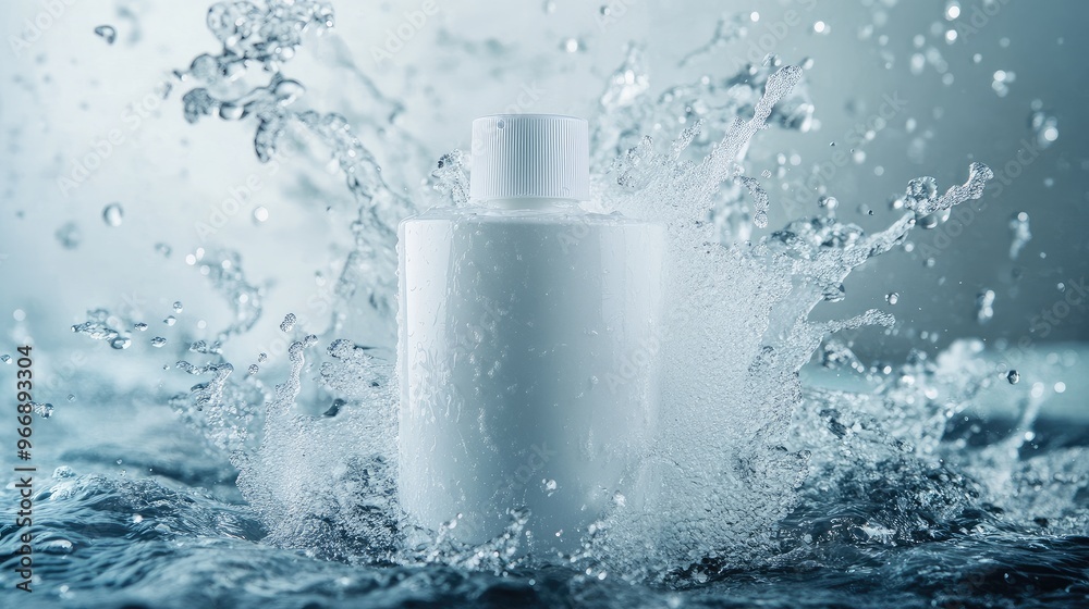 Detailed shot of foam cleanser packaging with surrounding water spray, conveying a fresh, clean feeling, no logo, focal point, no people. Detailed shot of foam cleanser packaging with surrounding water spray, conveying a fresh, clean feeling, no logo, focal point, no people.