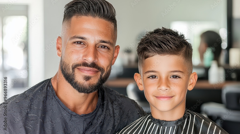 Obraz premium Happy Father and Son at the Barber Shop