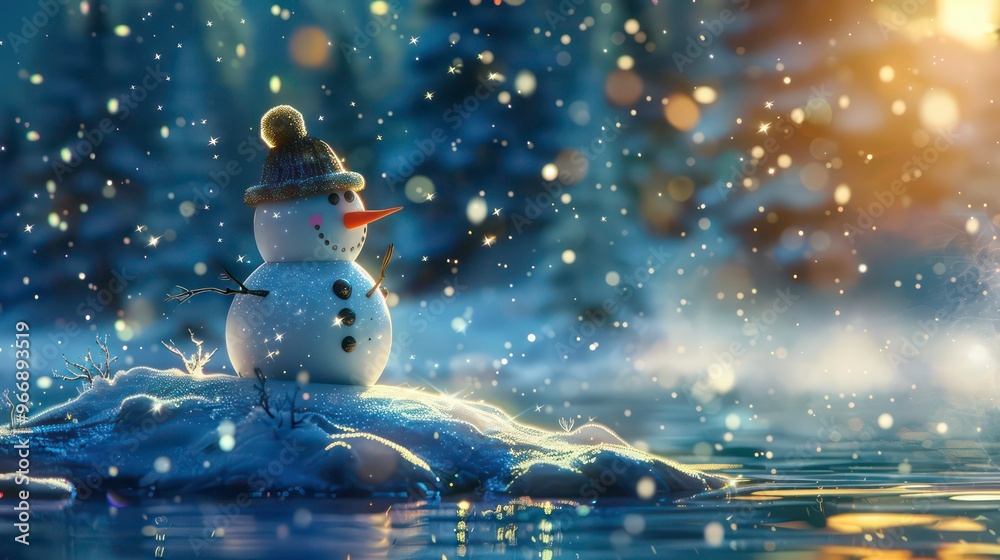 Obraz premium A snowman stands on a snow-covered patch of ground in a snowy forest with a sunlit background.