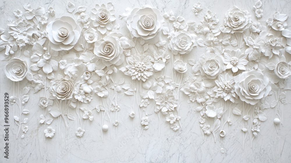 Fototapeta premium White Floral Relief Sculpture on Marble Background