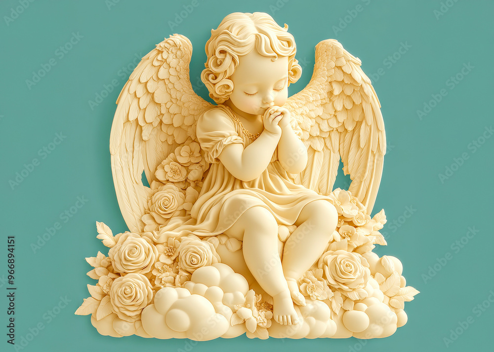 Angel of Innocence: A delicate, serene cherub statue with intricately carved wings, a prayerful pose, and a halo of roses, symbolizing purity, faith, and protection. Angel of Innocence: A delicate, serene cherub statue with intricately carved wings, a prayerful pose, and a halo of roses, symbolizing purity, faith, and protection.